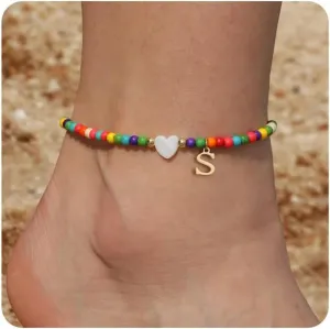 Honsny Ankle Bracelets for Women Initial Anklets Waterproof Boho Beaded Dainty Ankle Bracelets for Teen Letter Heart Handmade Adjustable Foot Chain Anklet Summer Vacation Colorful Jewelry Gift