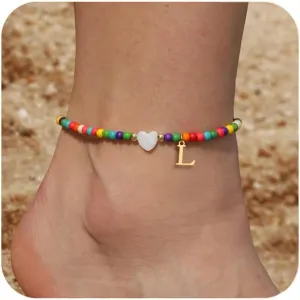 Honsny Ankle Bracelets for Women Initial Anklets Waterproof Boho Beaded Dainty Ankle Bracelets for Teen Letter Heart Handmade Adjustable Foot Chain Anklet Summer Vacation Colorful Jewelry Gift