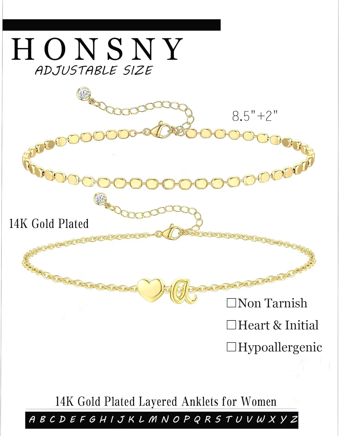 Honsny Initial Ankle Bracelets for Women Waterproof 14K Gold Plated Layered Anklets for Women Non Tarnish Dainty Heart Letter A-Z Ankle Bracelets Handmade Adjustable Summer Beach Gold Anklet Jewelry