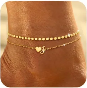 Honsny Initial Ankle Bracelets for Women Waterproof 14K Gold Plated Layered Anklets for Women Non Tarnish Dainty Heart Letter A-Z Ankle Bracelets Handmade Adjustable Summer Beach Gold Anklet Jewelry