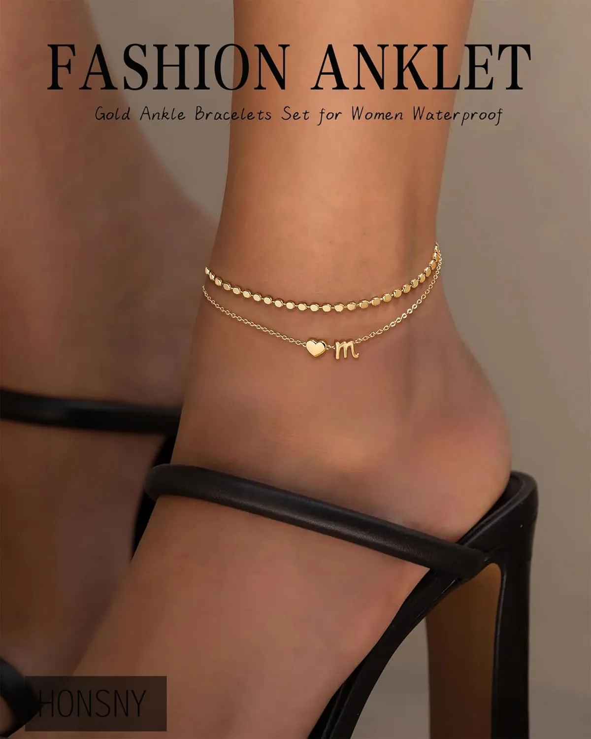 Honsny Initial Ankle Bracelets for Women Waterproof 14K Gold Plated Layered Anklets for Women Non Tarnish Dainty Heart Letter A-Z Ankle Bracelets Handmade Adjustable Summer Beach Gold Anklet Jewelry