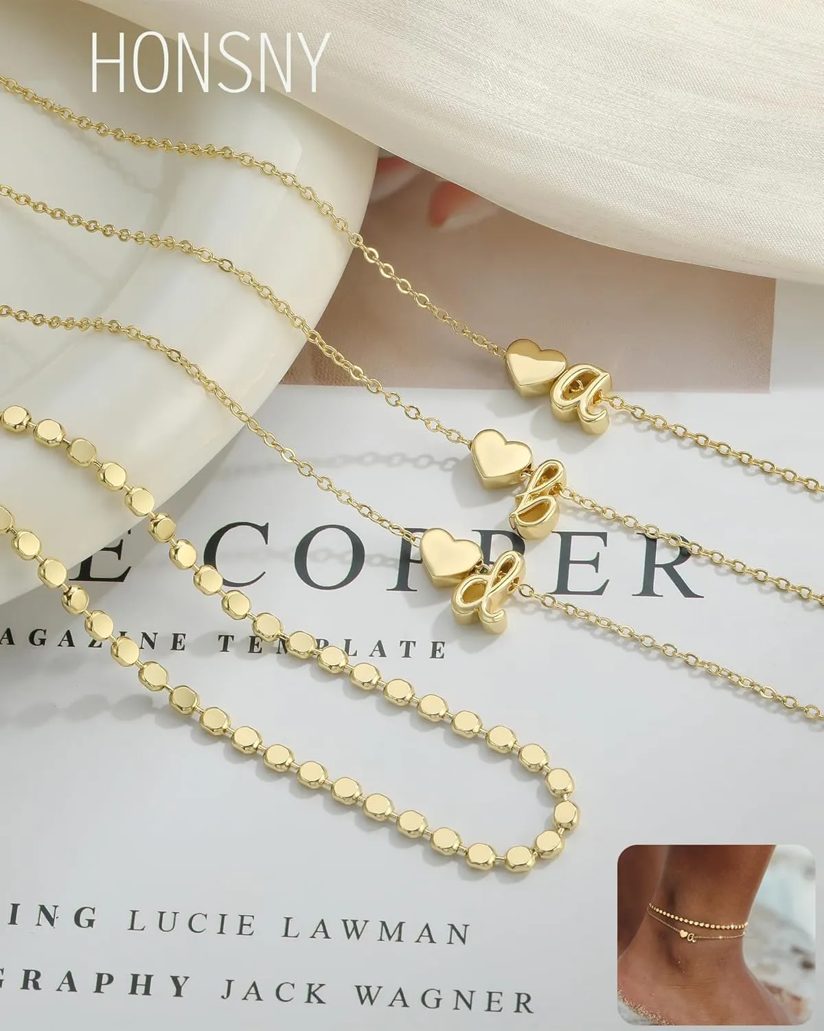 Honsny Initial Ankle Bracelets for Women Waterproof 14K Gold Plated Layered Anklets for Women Non Tarnish Dainty Heart Letter A-Z Ankle Bracelets Handmade Adjustable Summer Beach Gold Anklet Jewelry