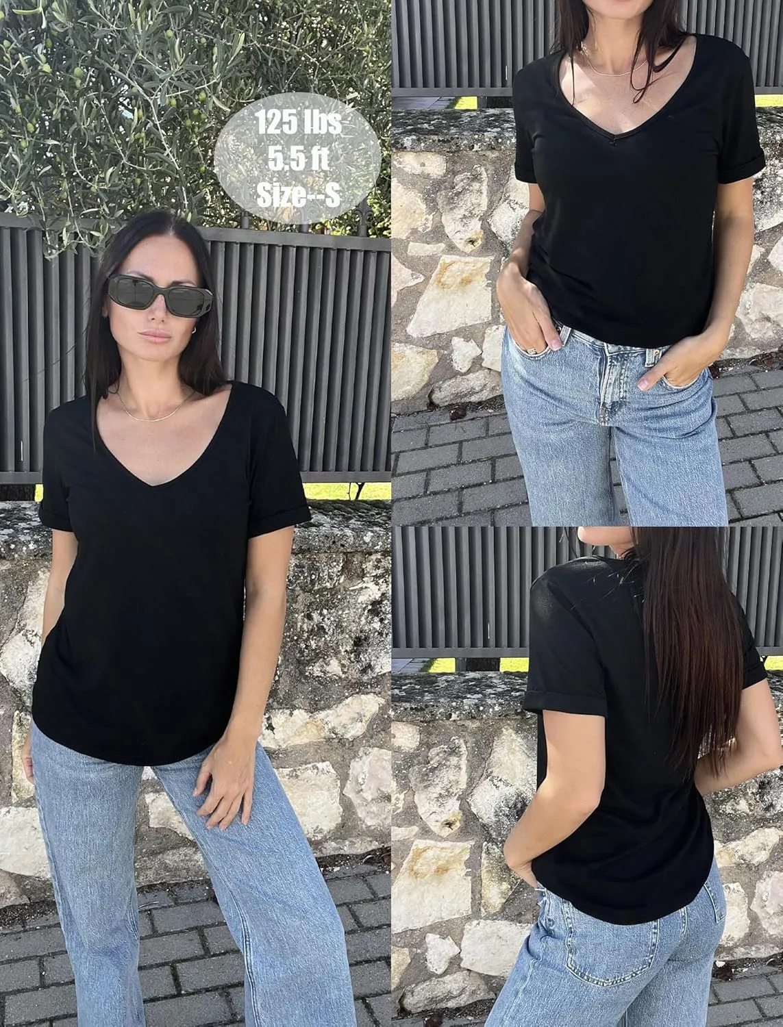 HOTOUCH Womens Summer Tops Roll-up Short Sleeve V Neck Basic T Shirts Workout Soft Fashion Trendy Plain Casual Tees