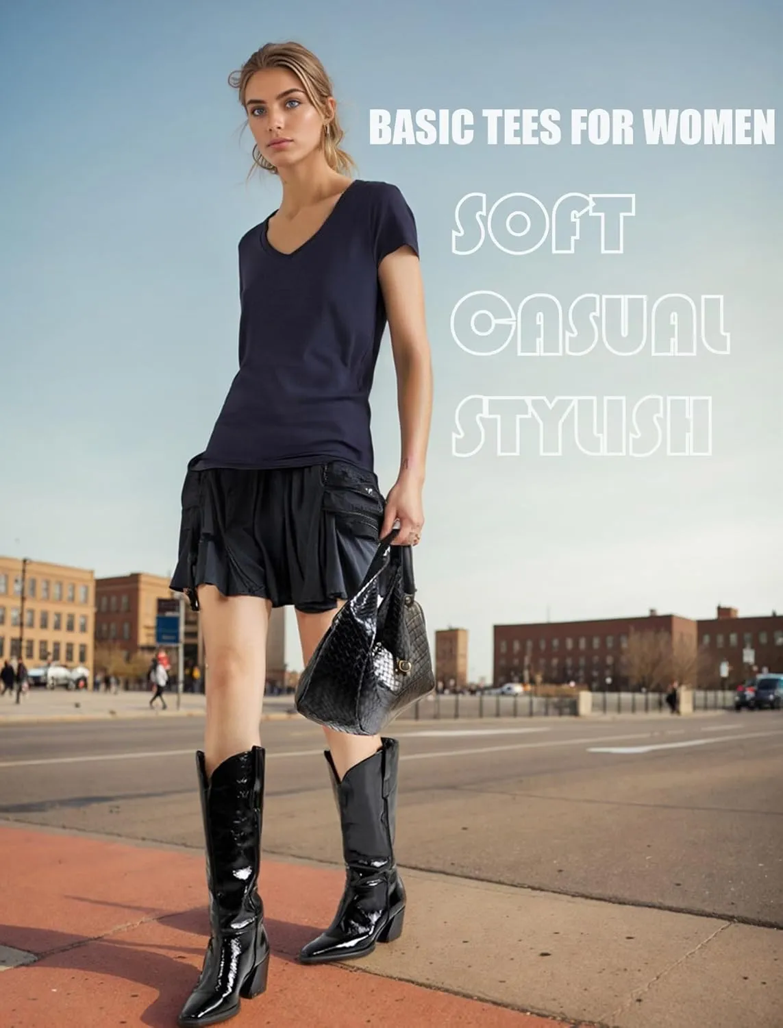HOTOUCH Womens Summer Tops Roll-up Short Sleeve V Neck Basic T Shirts Workout Soft Fashion Trendy Plain Casual Tees
