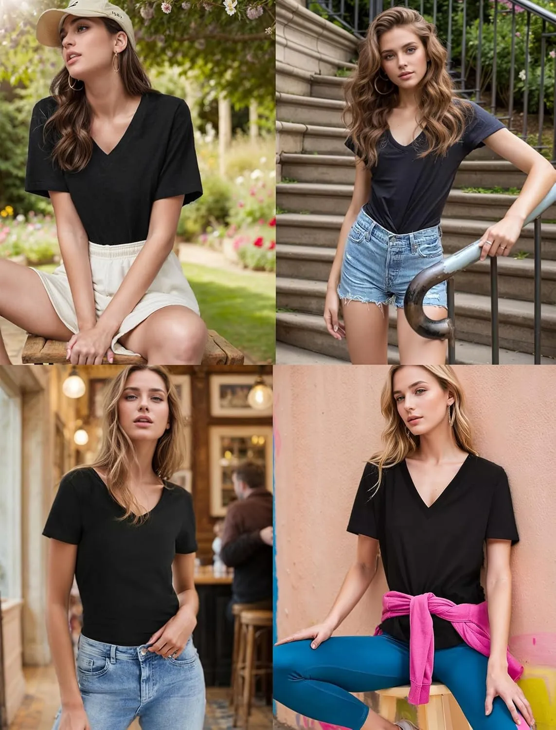 HOTOUCH Womens Summer Tops Roll-up Short Sleeve V Neck Basic T Shirts Workout Soft Fashion Trendy Plain Casual Tees