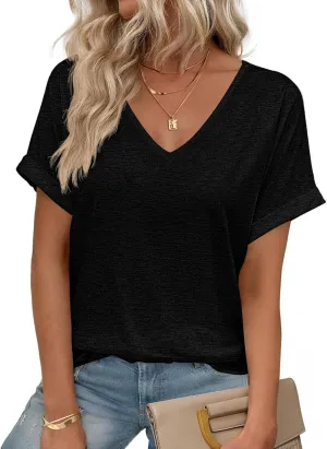 HOTOUCH Womens Summer Tops Roll-up Short Sleeve V Neck Basic T Shirts Workout Soft Fashion Trendy Plain Casual Tees