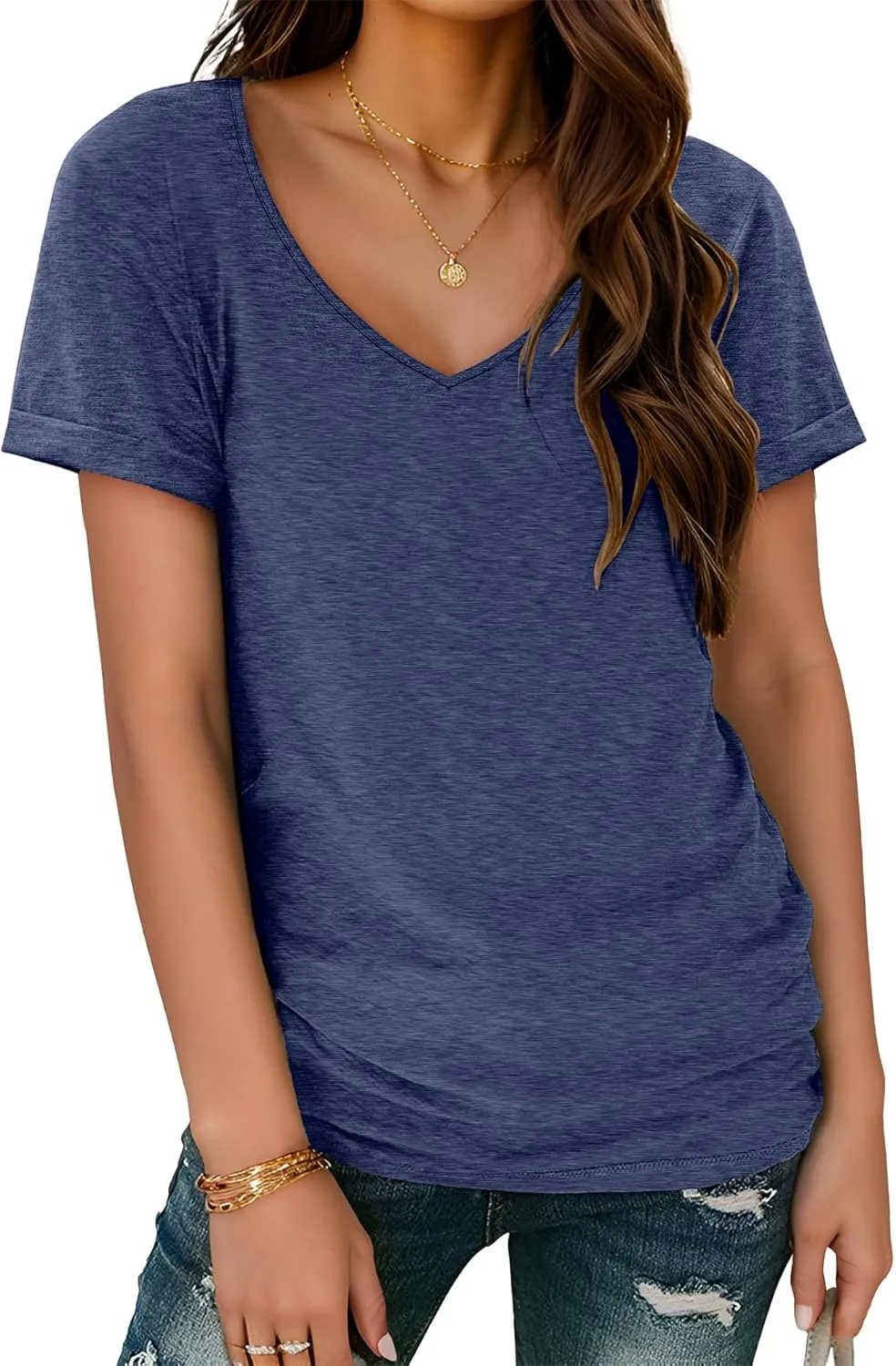 HOTOUCH Womens Summer Tops Roll-up Short Sleeve V Neck Basic T Shirts Workout Soft Fashion Trendy Plain Casual Tees