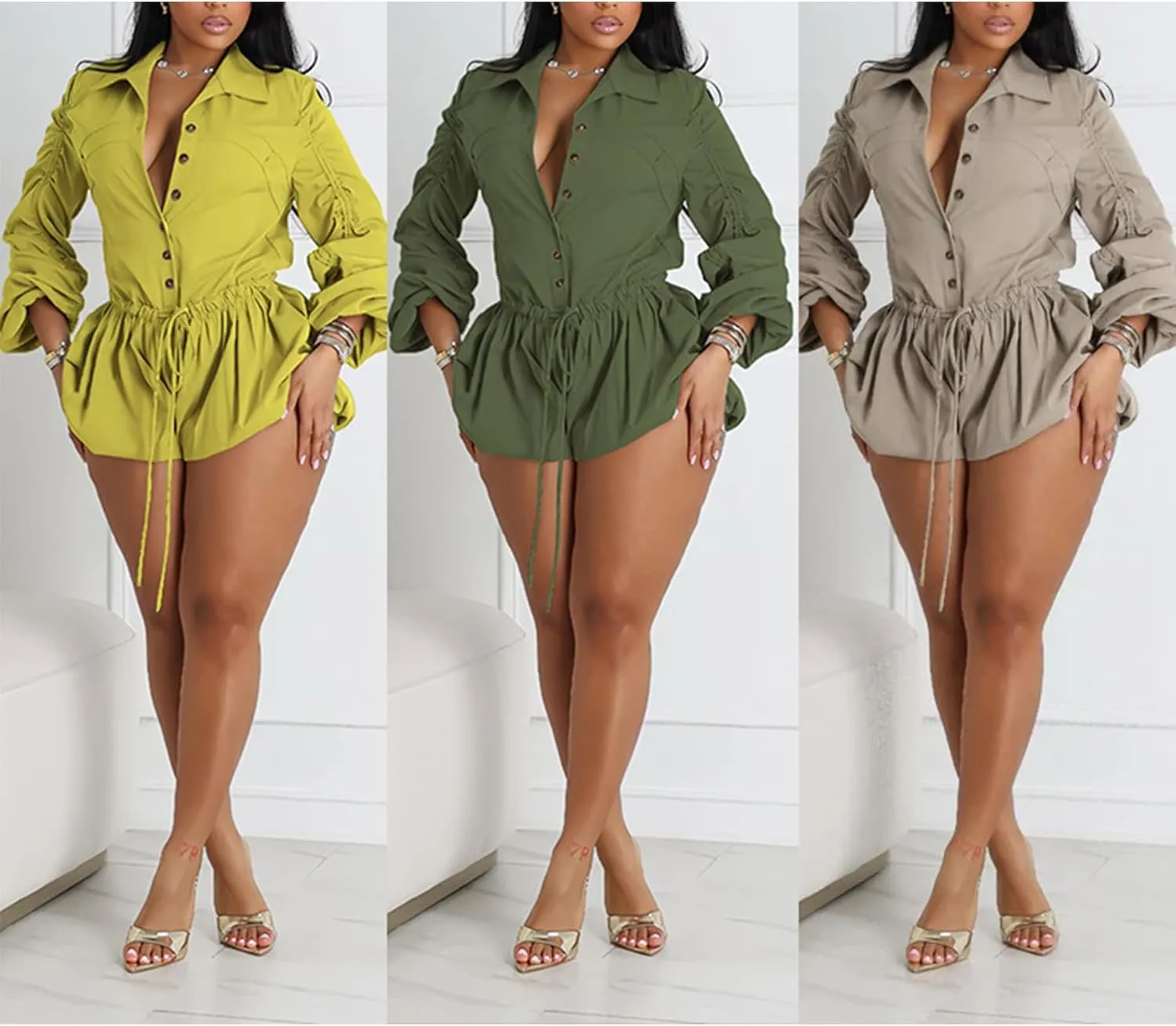 HuiSiFang Women Cute Rompers Lantern Long Sleeve Puff Sexy Summer Solid Color Drawstring Mini Shorts Jumpsuit