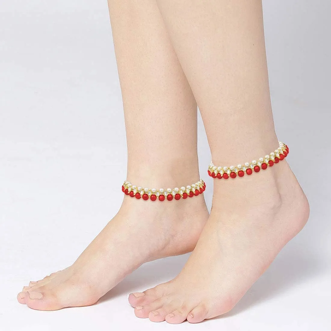 I Jewels Gold Plated Indian Bollywood Style Ethnic Kundan & Pearl Anklet/Payal Barefoot Jewelry for Women (A030)