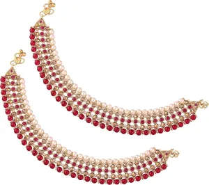 I Jewels Gold Plated Indian Traditional Bollywood Style Ethnic Gold Kundan & Pearl Anklet/Payal Barefoot Jewelry for Women (A034-35)