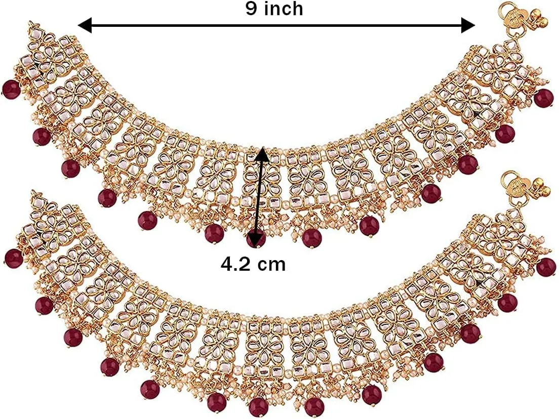 I Jewels Indian Bollywood Gold Plated Wedding Set of 2 Anklet Payal Faux Kundan Studded Charm Ankle Bracelet Ethnic Fashion Barefoot Jewelry For Women (A022)