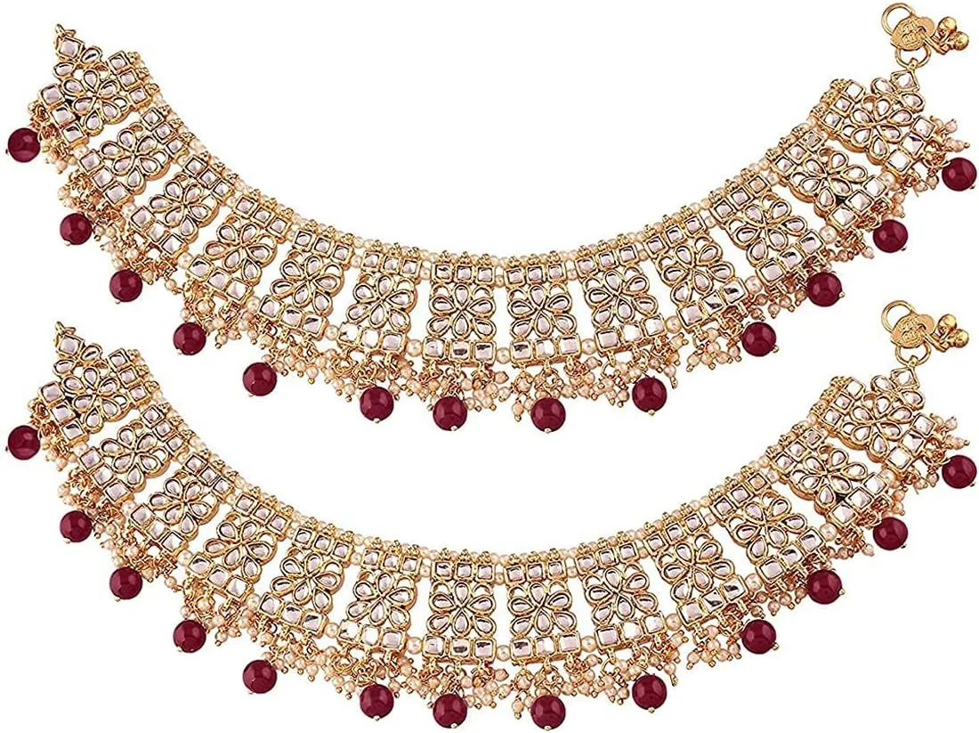 I Jewels Indian Bollywood Gold Plated Wedding Set of 2 Anklet Payal Faux Kundan Studded Charm Ankle Bracelet Ethnic Fashion Barefoot Jewelry For Women (A022)
