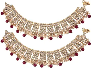 I Jewels Indian Bollywood Gold Plated Wedding Set of 2 Anklet Payal Faux Kundan Studded Charm Ankle Bracelet Ethnic Fashion Barefoot Jewelry For Women (A022)
