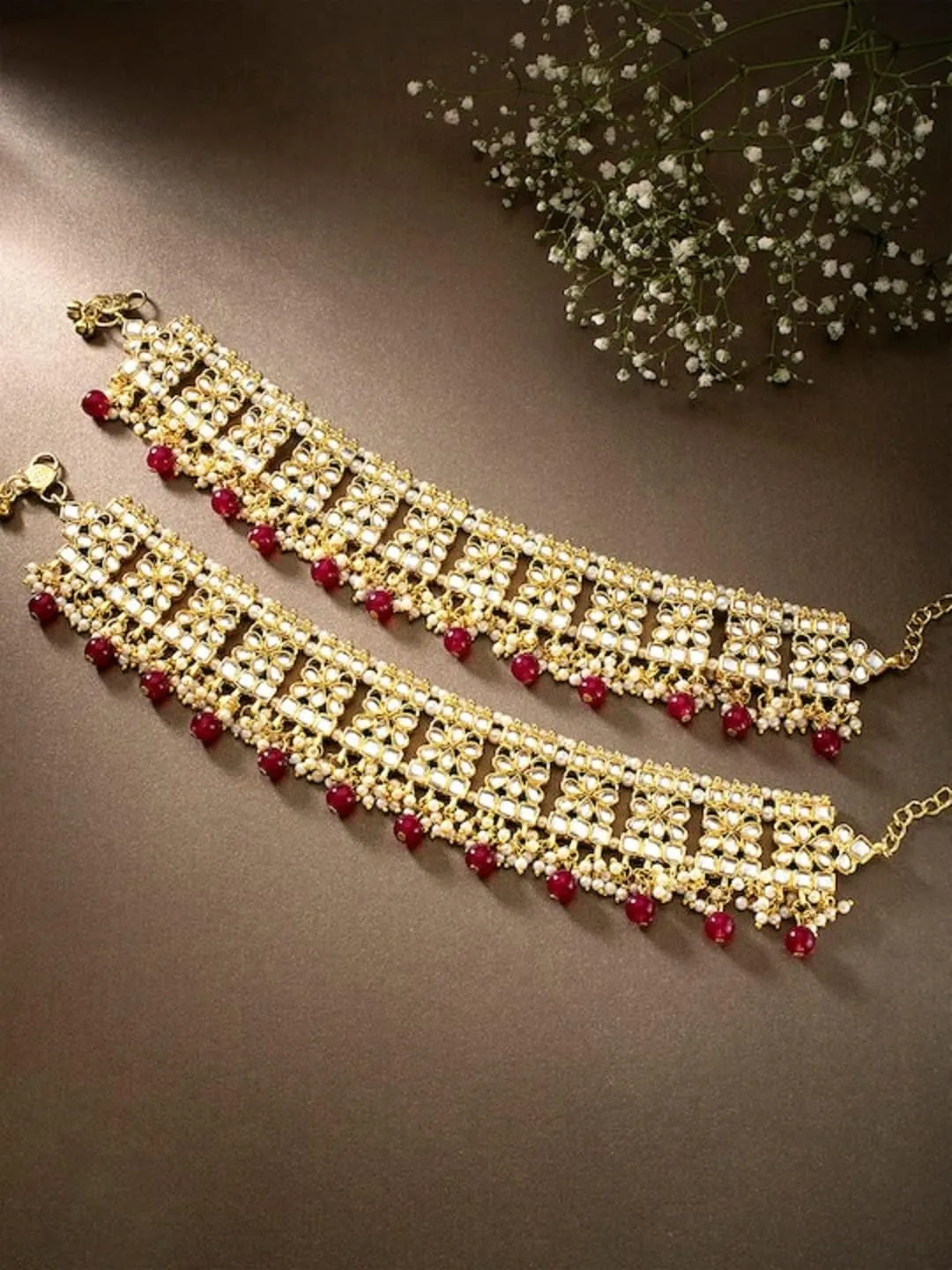 I Jewels Indian Bollywood Gold Plated Wedding Set of 2 Anklet Payal Faux Kundan Studded Charm Ankle Bracelet Ethnic Fashion Barefoot Jewelry For Women (A022)