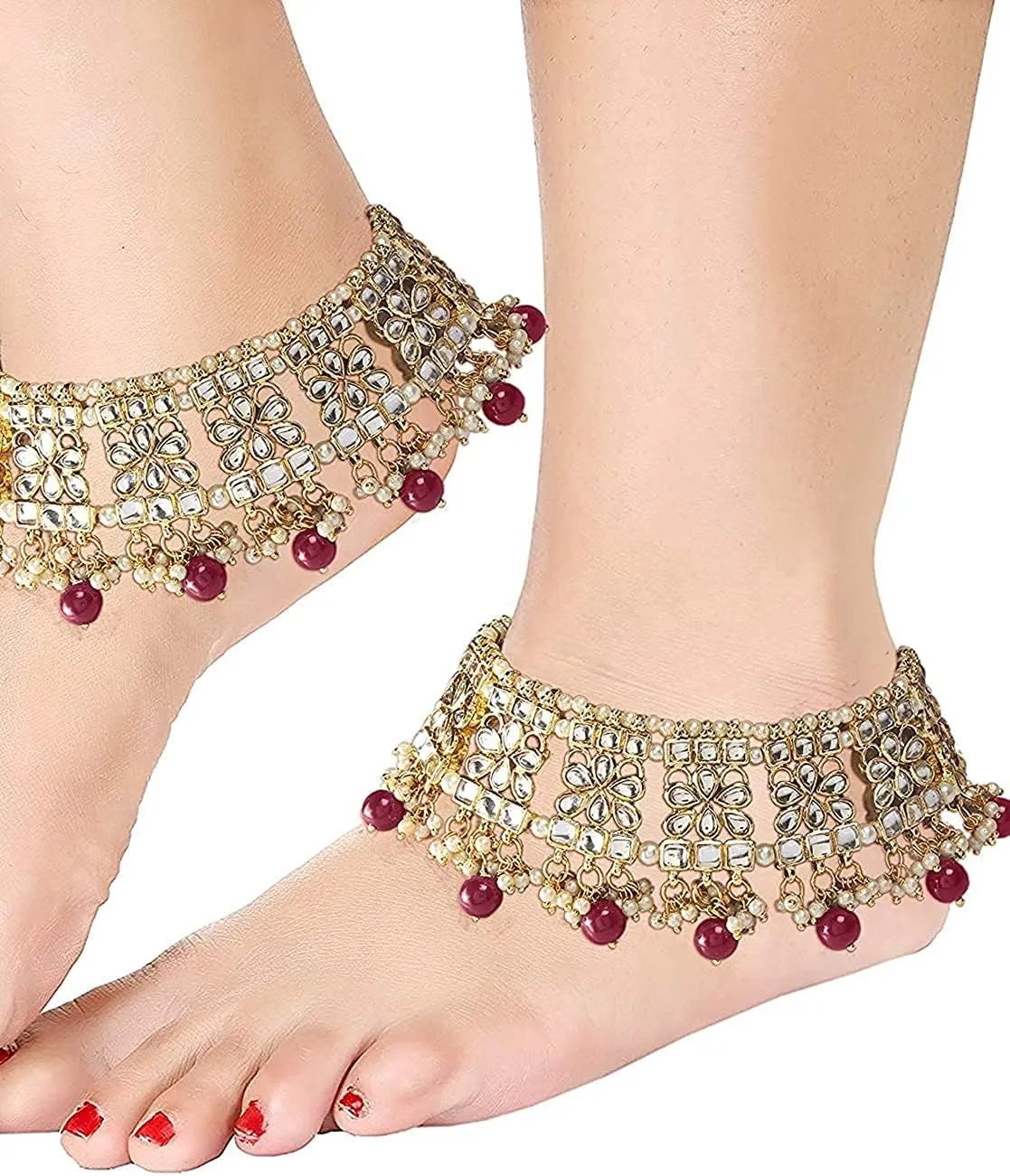 I Jewels Indian Bollywood Gold Plated Wedding Set of 2 Anklet Payal Faux Kundan Studded Charm Ankle Bracelet Ethnic Fashion Barefoot Jewelry For Women (A022)