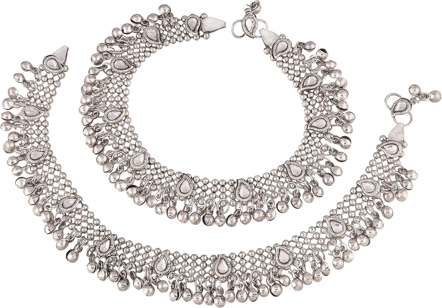 I Jewels Indian Bollywood Silver Plated Wedding Set of 2 Anklet Payal Charm Ankle Bracelet Ethnic Fashion Barefoot Jewelry for Women (A021-1)