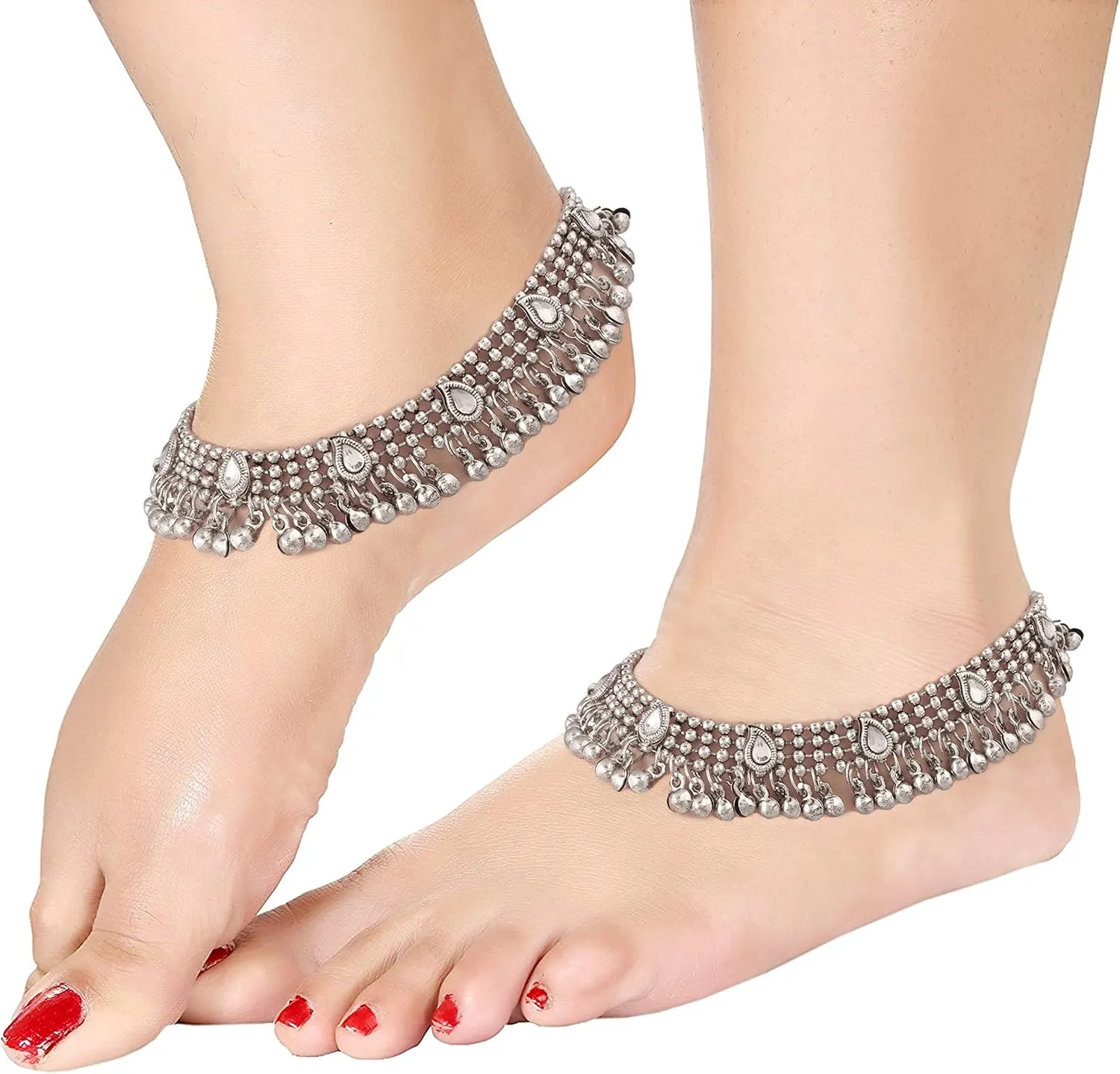 I Jewels Indian Bollywood Silver Plated Wedding Set of 2 Anklet Payal Charm Ankle Bracelet Ethnic Fashion Barefoot Jewelry for Women (A021-1)