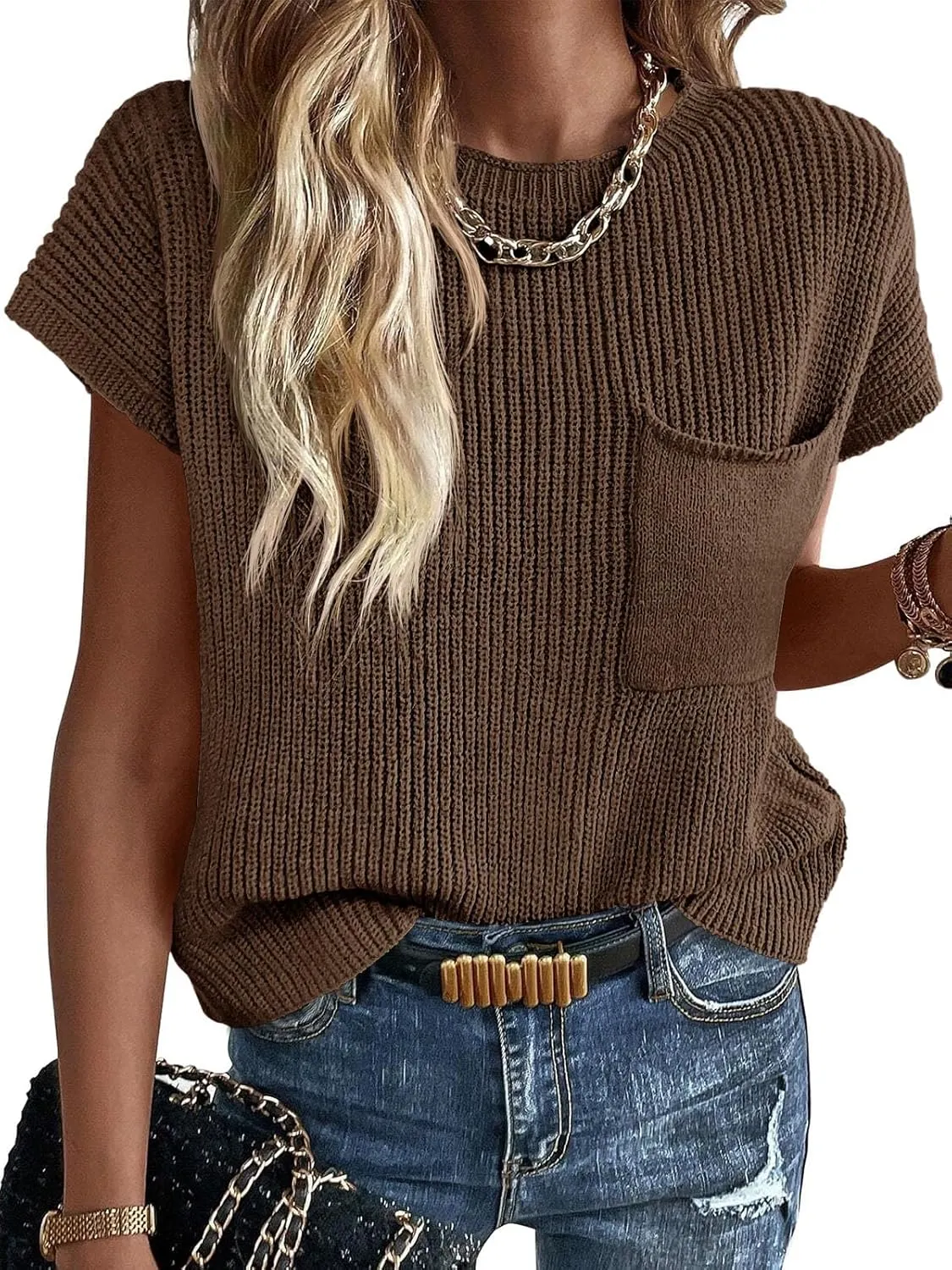 Imily Bela Summer Short Sleeve Sweater for Women 2025 Crew Neck Ribbed Knit Vests Trendy Pullover Tops
