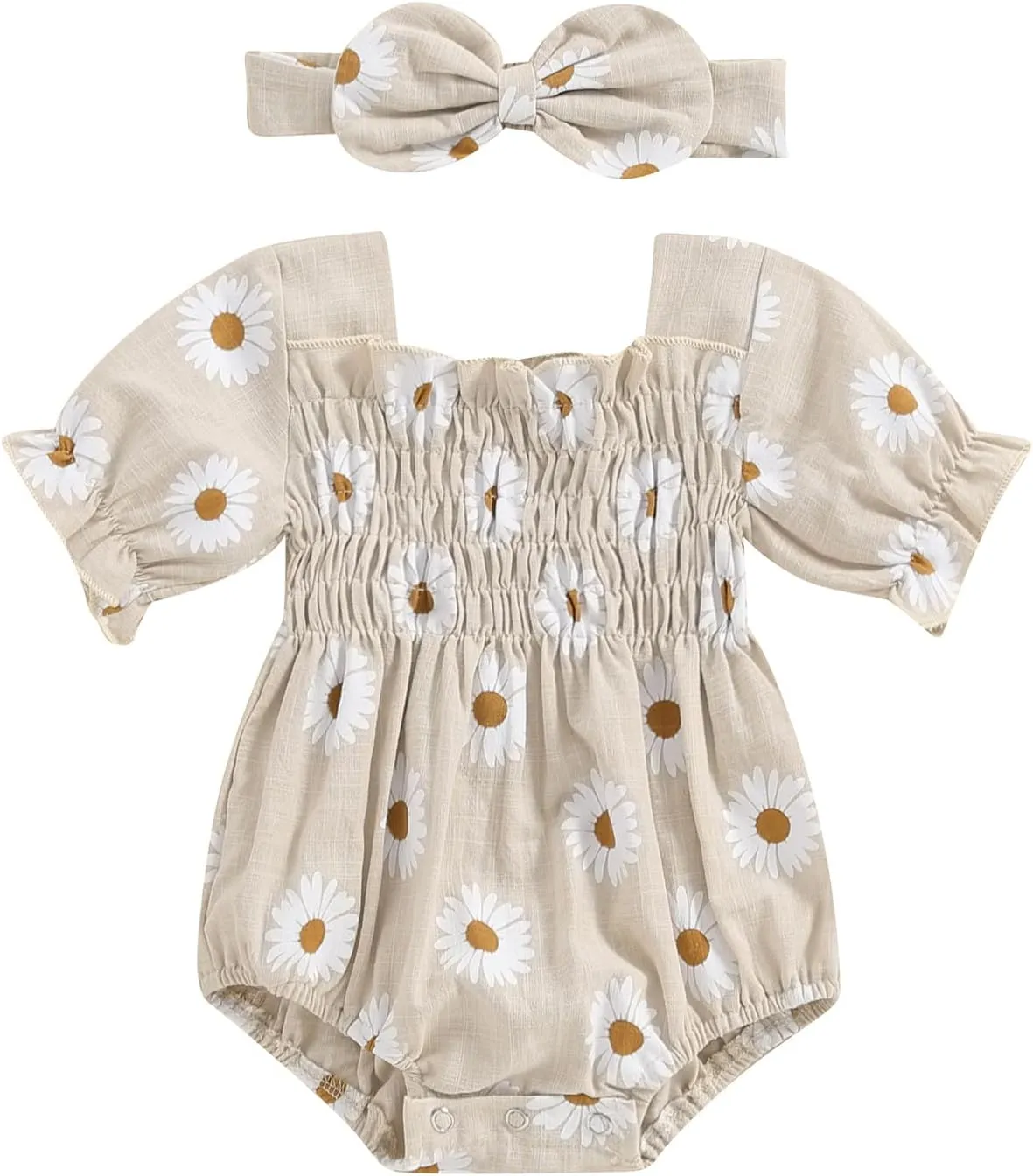 Infant Baby Girls Romper Daisy Ruffle Sleeve Pleated Smocked Bubble One Piece Ruched Jumpsuit Summer Bodysuit