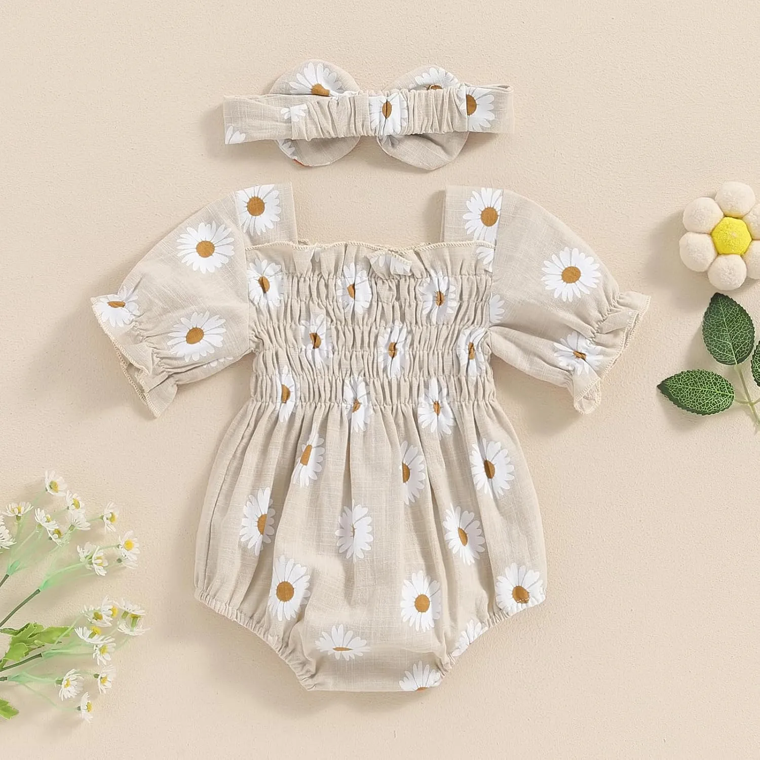 Infant Baby Girls Romper Daisy Ruffle Sleeve Pleated Smocked Bubble One Piece Ruched Jumpsuit Summer Bodysuit