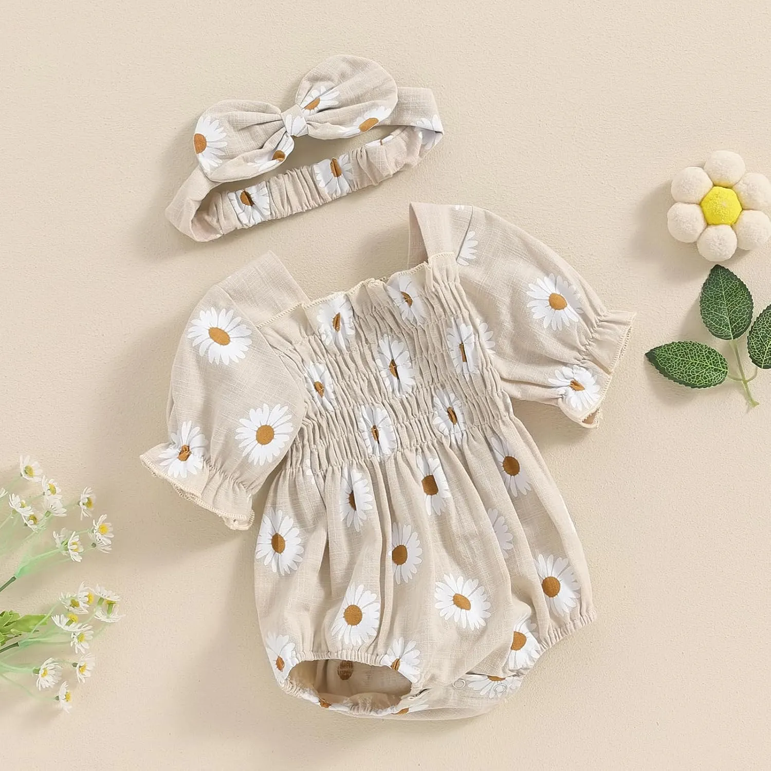 Infant Baby Girls Romper Daisy Ruffle Sleeve Pleated Smocked Bubble One Piece Ruched Jumpsuit Summer Bodysuit