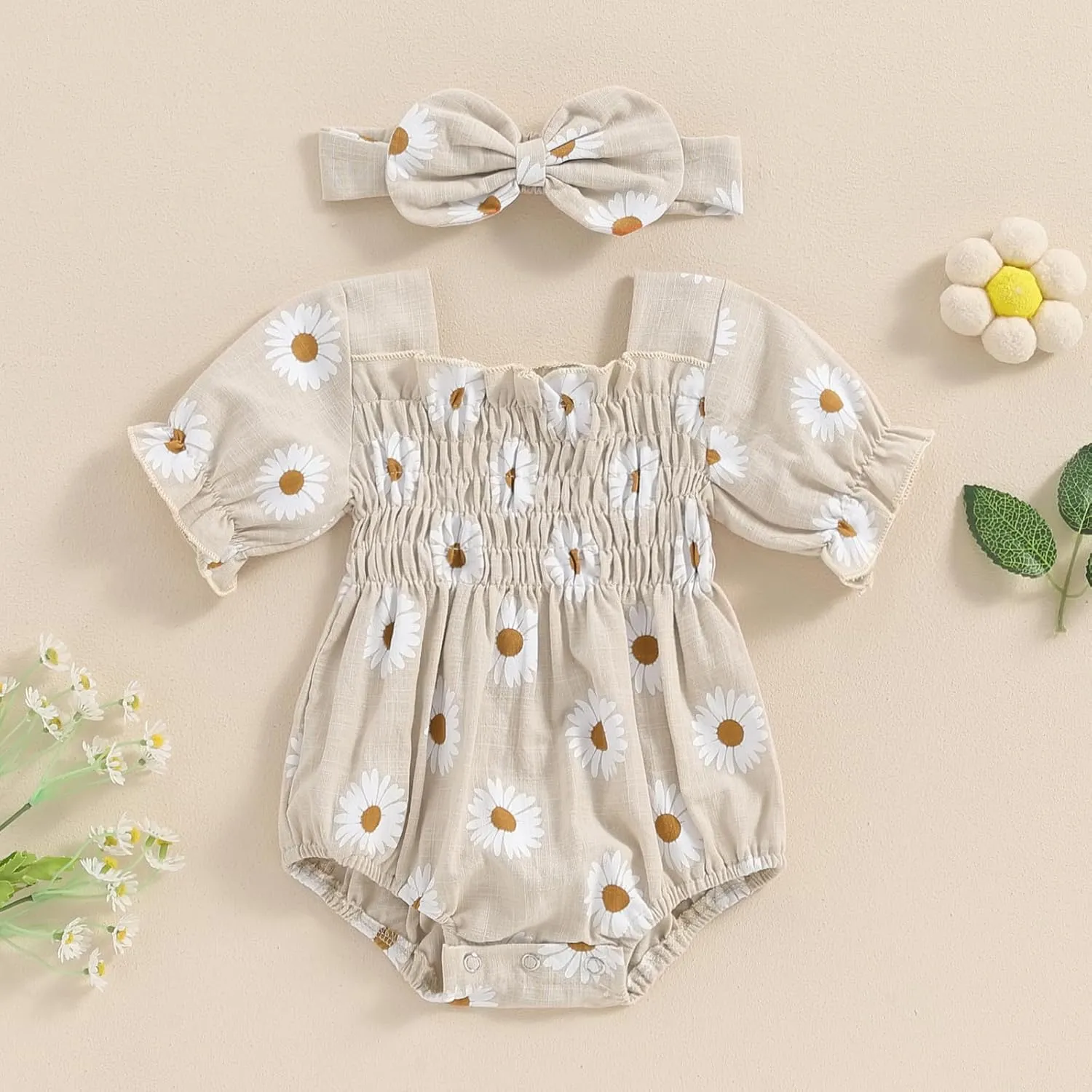 Infant Baby Girls Romper Daisy Ruffle Sleeve Pleated Smocked Bubble One Piece Ruched Jumpsuit Summer Bodysuit