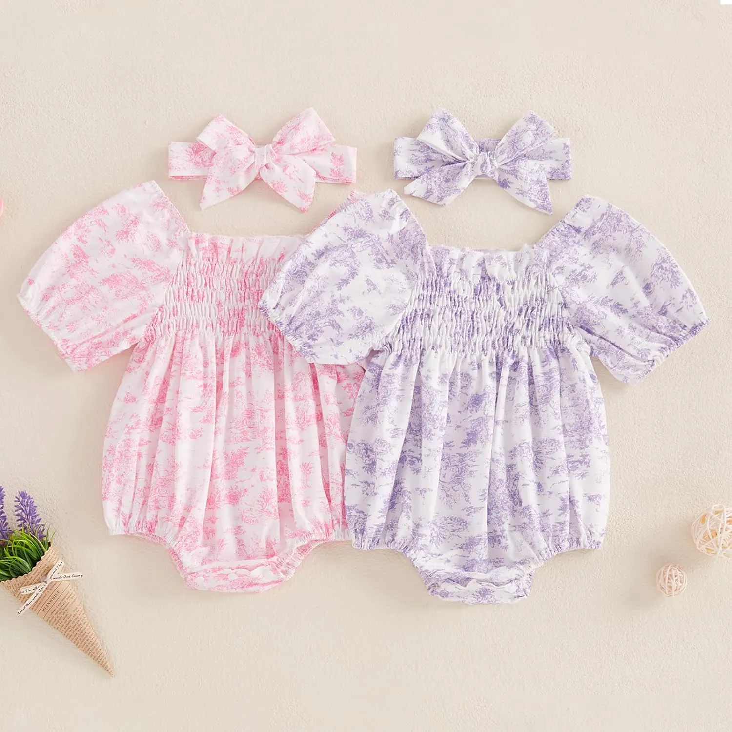 Infant Baby Girls Romper Floral Ruffle Sleeve Pleated Smocked Bubble One Piece Ruched Jumpsuit Summer Bodysuit