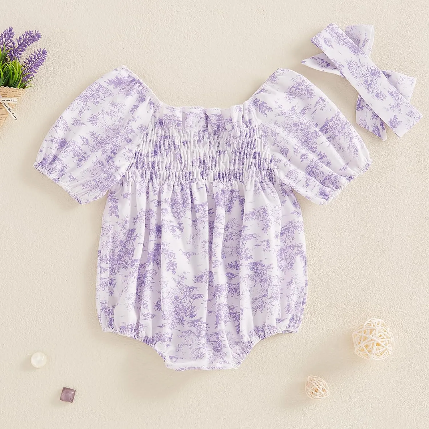 Infant Baby Girls Romper Floral Ruffle Sleeve Pleated Smocked Bubble One Piece Ruched Jumpsuit Summer Bodysuit