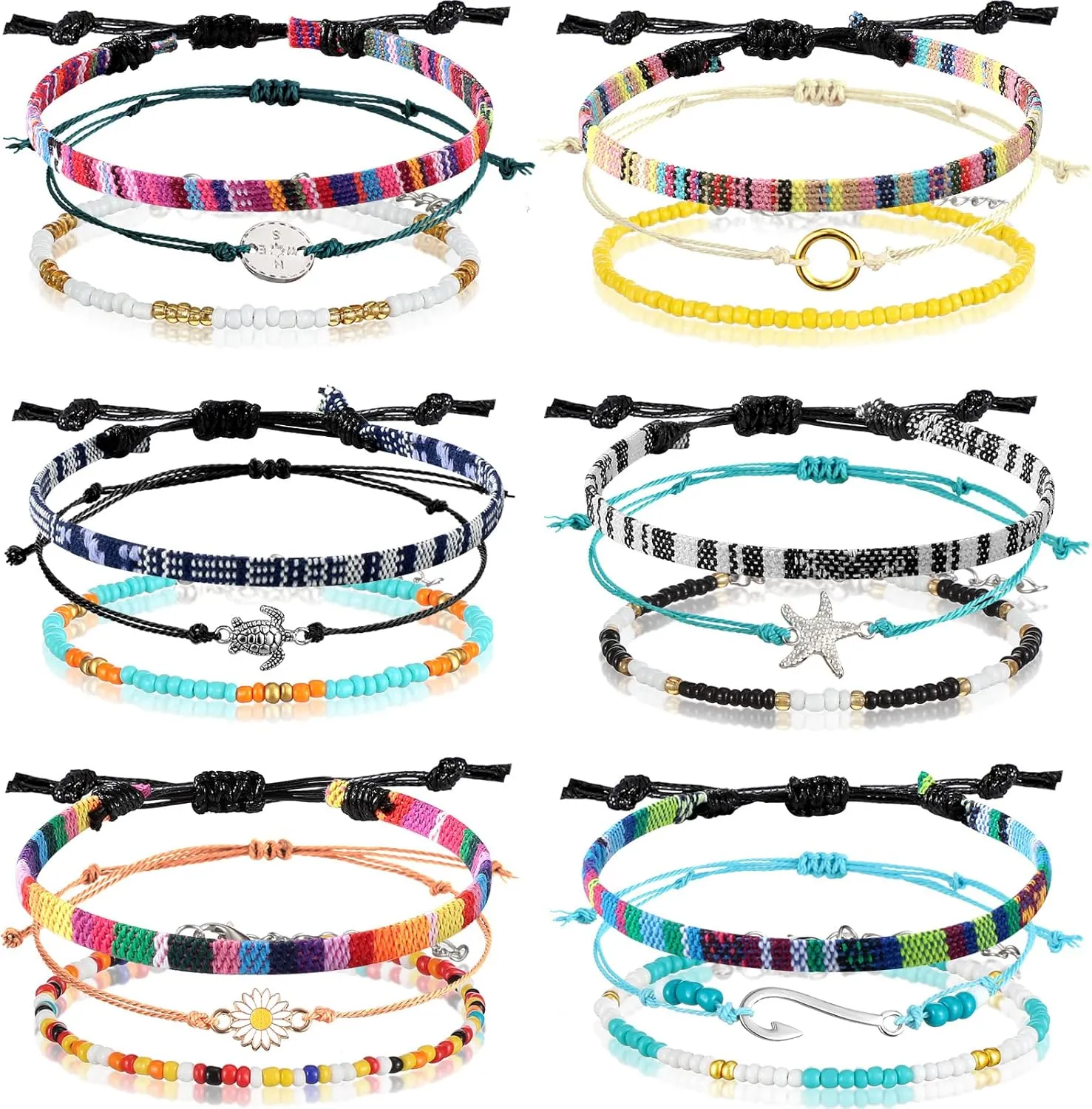 Jadive 6 Pieces Bohemia Surfer Bracelet Woven Bracelets Ankle Bracelet Adjustable Braided Bangle for Women Christmas Gift