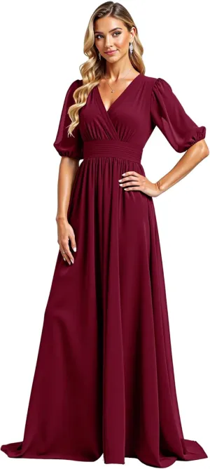 JAEDEN Chiffon Formal Evening Gowns & Bridesmaid Dresses, V-Neck with Pleats, Half Sleeves