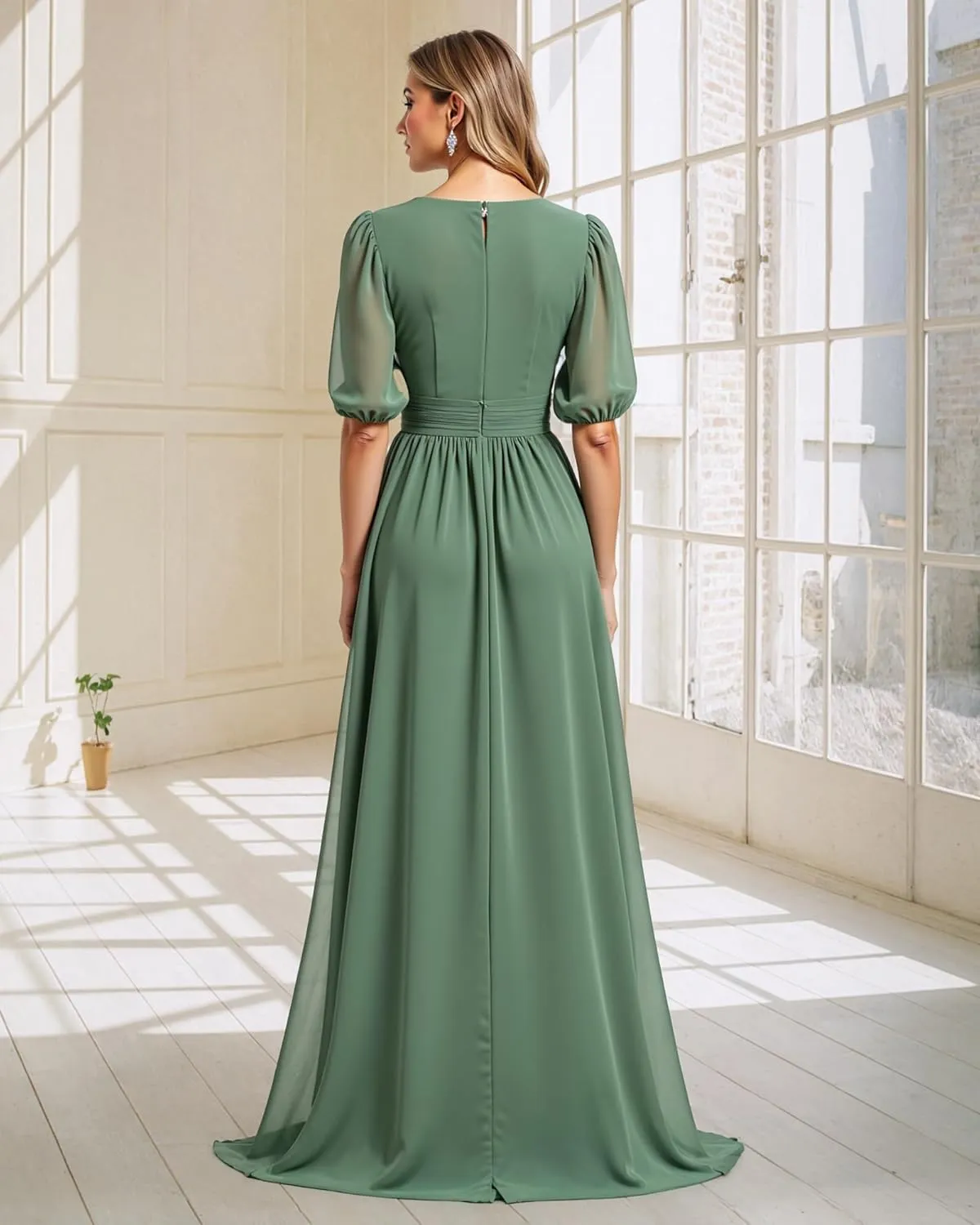 JAEDEN Chiffon Formal Evening Gowns & Bridesmaid Dresses, V-Neck with Pleats, Half Sleeves