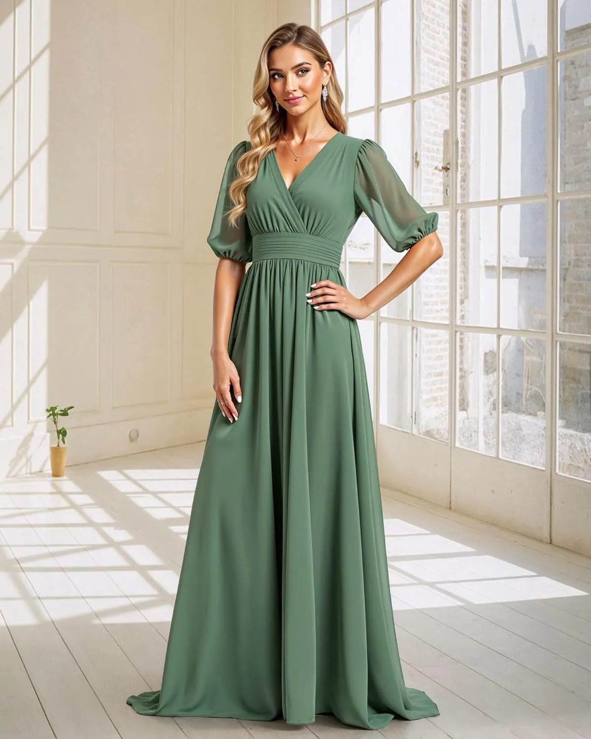 JAEDEN Chiffon Formal Evening Gowns & Bridesmaid Dresses, V-Neck with Pleats, Half Sleeves