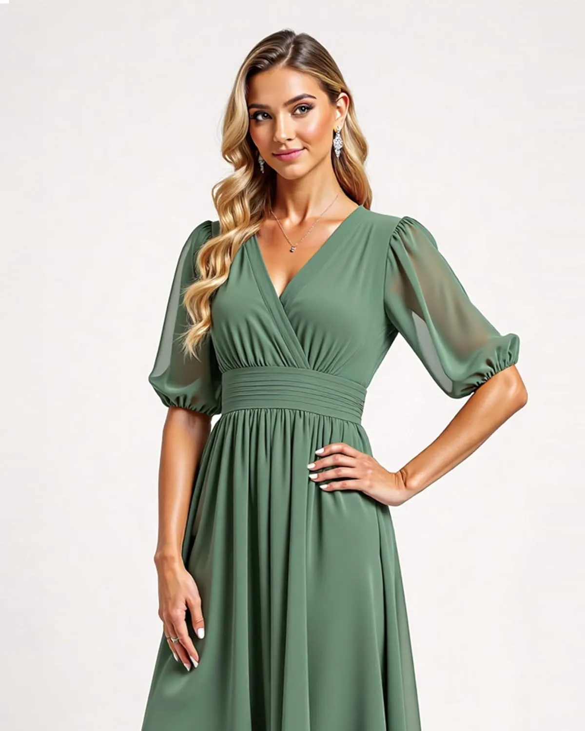 JAEDEN Chiffon Formal Evening Gowns & Bridesmaid Dresses, V-Neck with Pleats, Half Sleeves