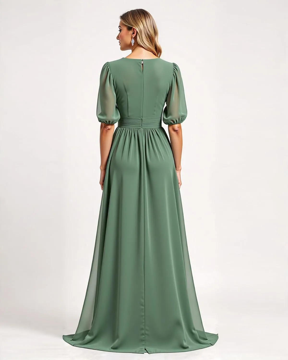 JAEDEN Chiffon Formal Evening Gowns & Bridesmaid Dresses, V-Neck with Pleats, Half Sleeves