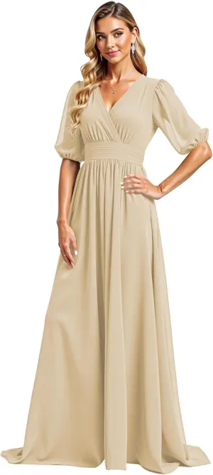 JAEDEN Chiffon Formal Evening Gowns & Bridesmaid Dresses, V-Neck with Pleats, Half Sleeves