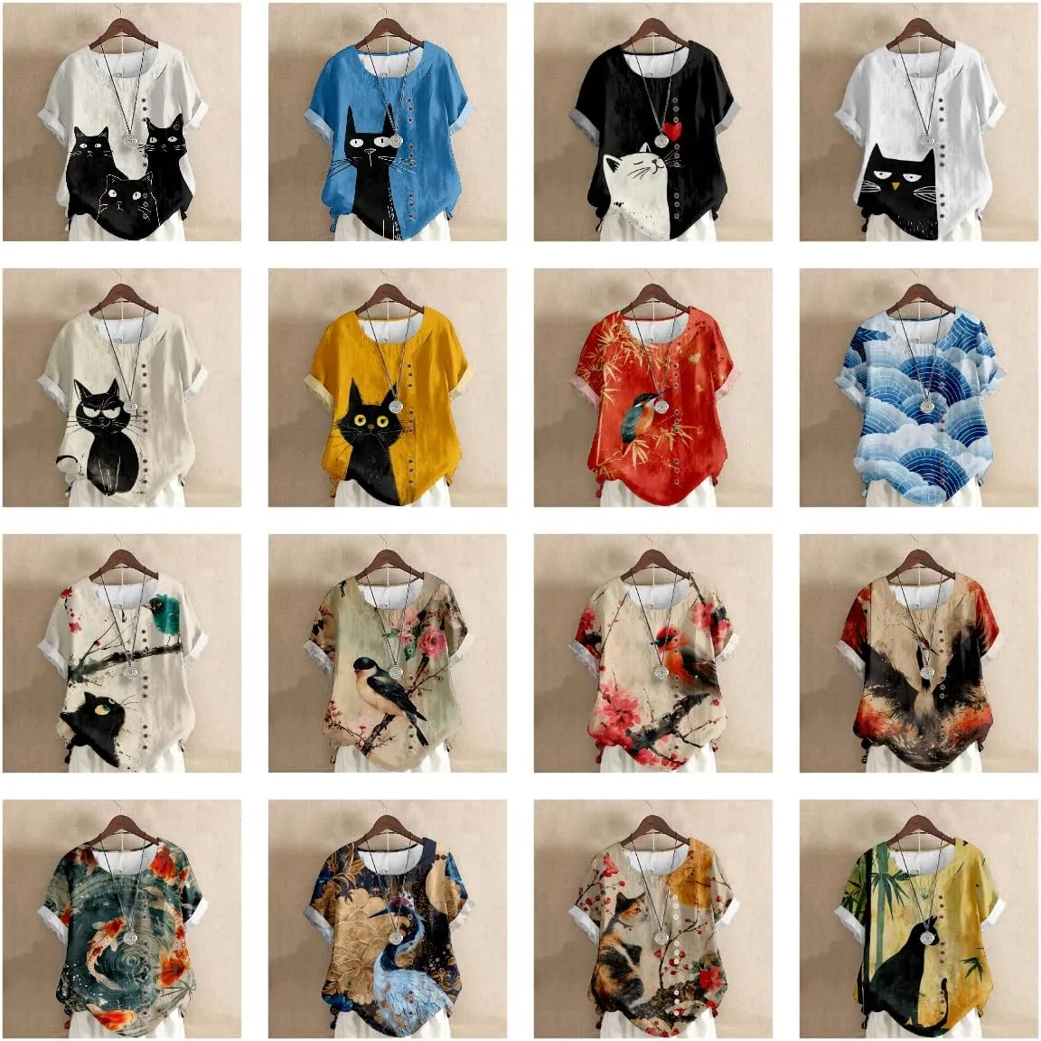 Japanese Print Women Summer Shirts Flower Bird Graphic Plus Size Tunic Tops Crewneck Short Sleeve Blouses