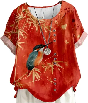Japanese Print Women Summer Shirts Flower Bird Graphic Plus Size Tunic Tops Crewneck Short Sleeve Blouses