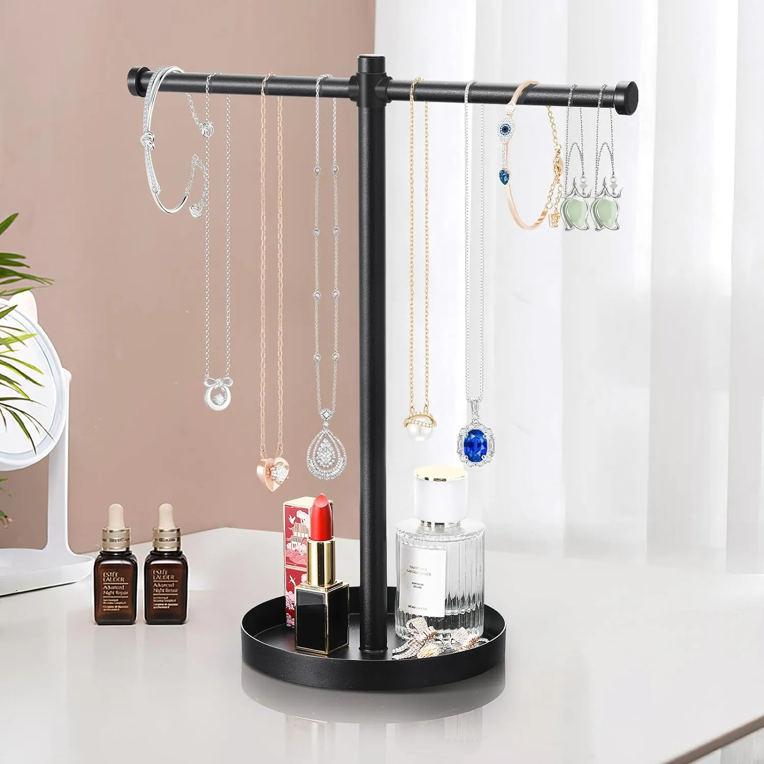 Jewelry Necklace Organizer Stand,12.9" Tall Sturdy Metal Jewelry Stand with Round Tray for Bracelet Bangles Holder Display,Long Necklace Organizer Holder (black)