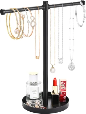 Jewelry Necklace Organizer Stand,12.9" Tall Sturdy Metal Jewelry Stand with Round Tray for Bracelet Bangles Holder Display,Long Necklace Organizer Holder (black)