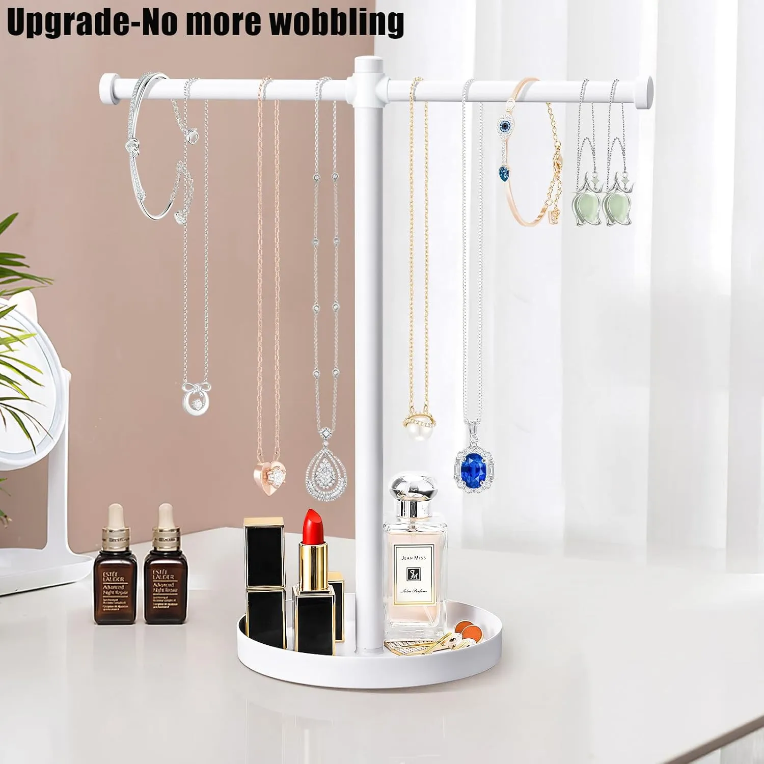 Jewelry Necklace Organizer Stand,12.9" Tall Sturdy Metal Jewelry Stand with Round Tray for Bracelet Bangles Holder Display,Long Necklace Organizer Holder (white)
