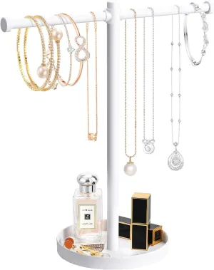 Jewelry Necklace Organizer Stand,12.9" Tall Sturdy Metal Jewelry Stand with Round Tray for Bracelet Bangles Holder Display,Long Necklace Organizer Holder (white)