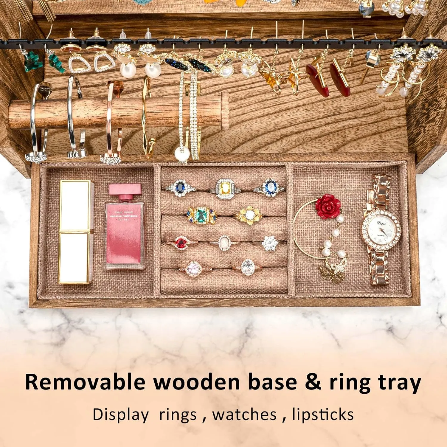Jewelry Organizer Stand, 5 Layer Earring Holder Organizer with Necklace Holder, Rustic Wood Earring Organizer Display for Stud Earring Bracelet Necklace Ring, Watches