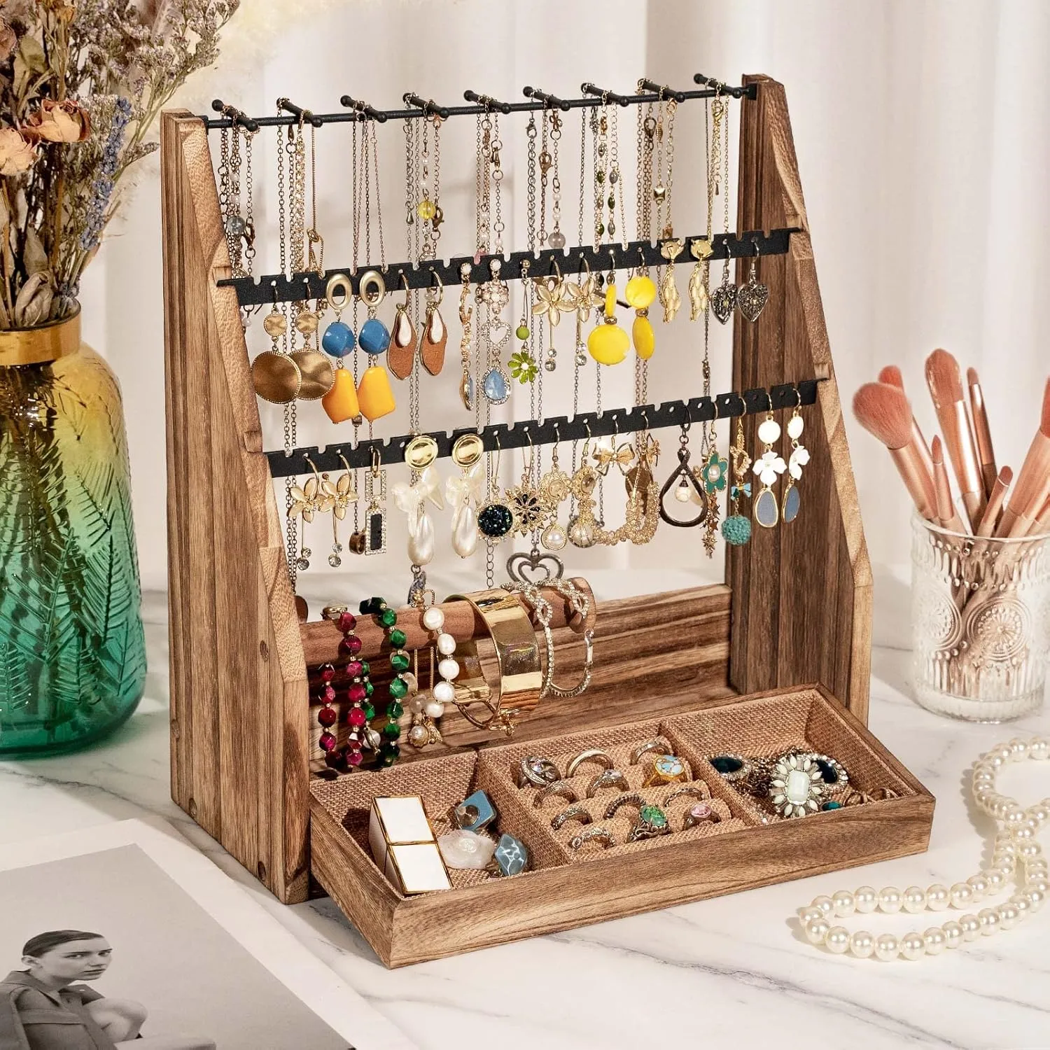 Jewelry Organizer Stand, 5 Layer Earring Holder Organizer with Necklace Holder, Rustic Wood Earring Organizer Display for Stud Earring Bracelet Necklace Ring, Watches