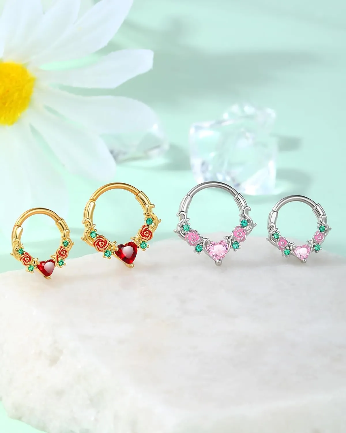 Jewseen Rose Septum Rings 16G Hinged Segment Rings 316L Stainless Steel Daith Earrings Heart CZ Septum Daith Helix Cartilage Piercing Jewelry for Women