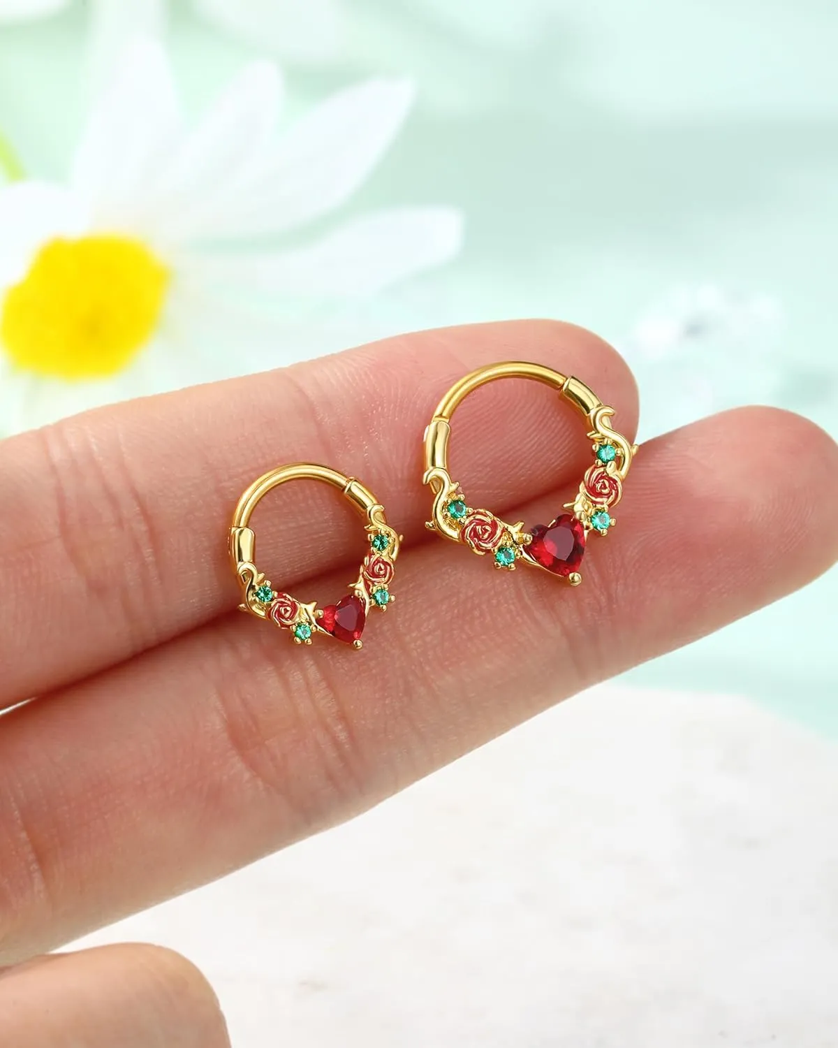 Jewseen Rose Septum Rings 16G Hinged Segment Rings 316L Stainless Steel Daith Earrings Heart CZ Septum Daith Helix Cartilage Piercing Jewelry for Women