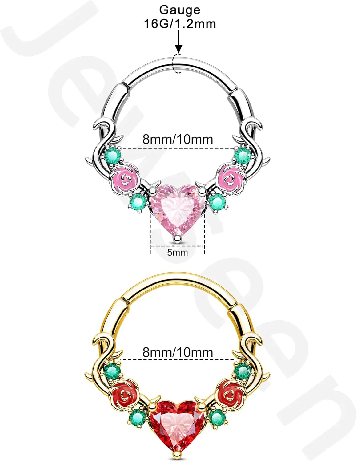 Jewseen Rose Septum Rings 16G Hinged Segment Rings 316L Stainless Steel Daith Earrings Heart CZ Septum Daith Helix Cartilage Piercing Jewelry for Women