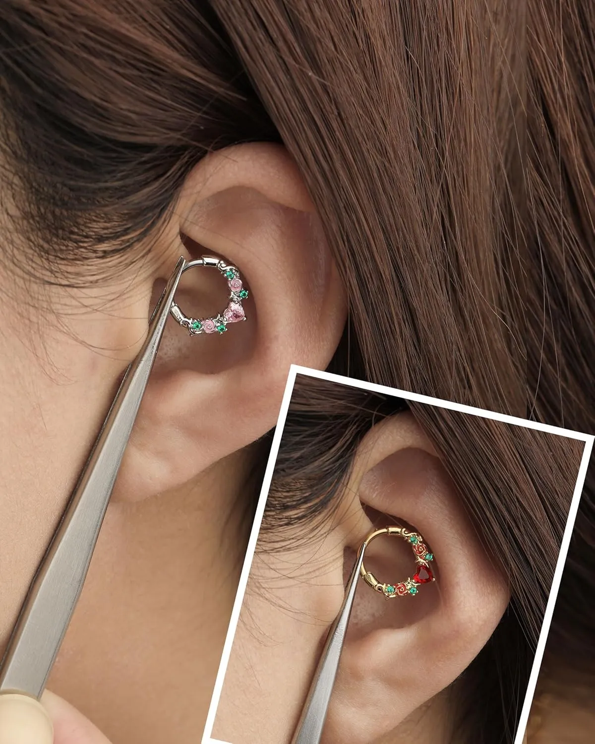 Jewseen Rose Septum Rings 16G Hinged Segment Rings 316L Stainless Steel Daith Earrings Heart CZ Septum Daith Helix Cartilage Piercing Jewelry for Women