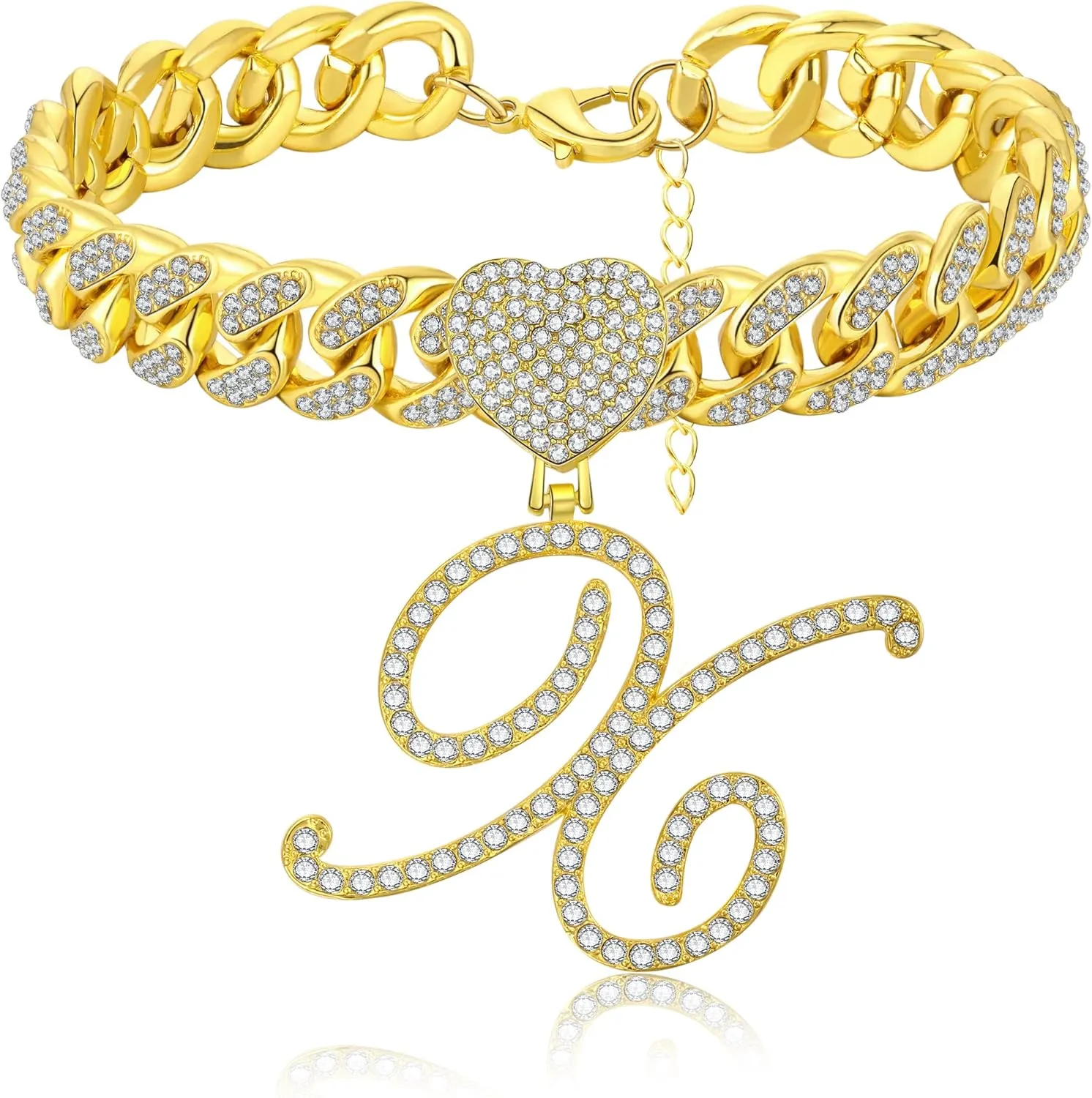 KAERUN 13mm Gold Cuban Link Anklets for Women Initial Letter Pendant Anklet Miami Cuban Link Chain Ankle Bracelets for Women Hip Hop Rhinestones Filled Cuban Ankle