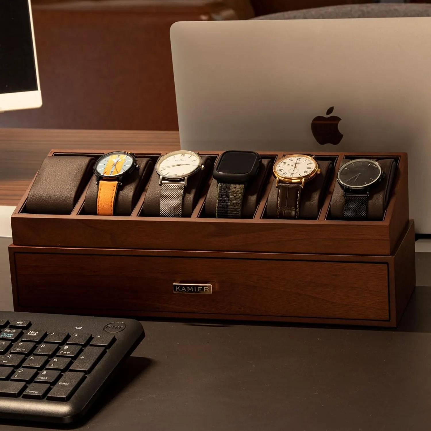 KAMIER High End Wooden Watch Box with 6 Slots & Glass Lid - 2-Layer Jewelry Organizer for Men - Watch Display Case, Ideal Business Gift for Watch Enthusiasts with Gift Box, Walnut