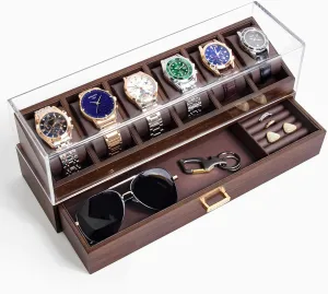 KAMIER High End Wooden Watch Box with 6 Slots & Glass Lid - 2-Layer Jewelry Organizer for Men - Watch Display Case, Ideal Business Gift for Watch Enthusiasts with Gift Box, Walnut